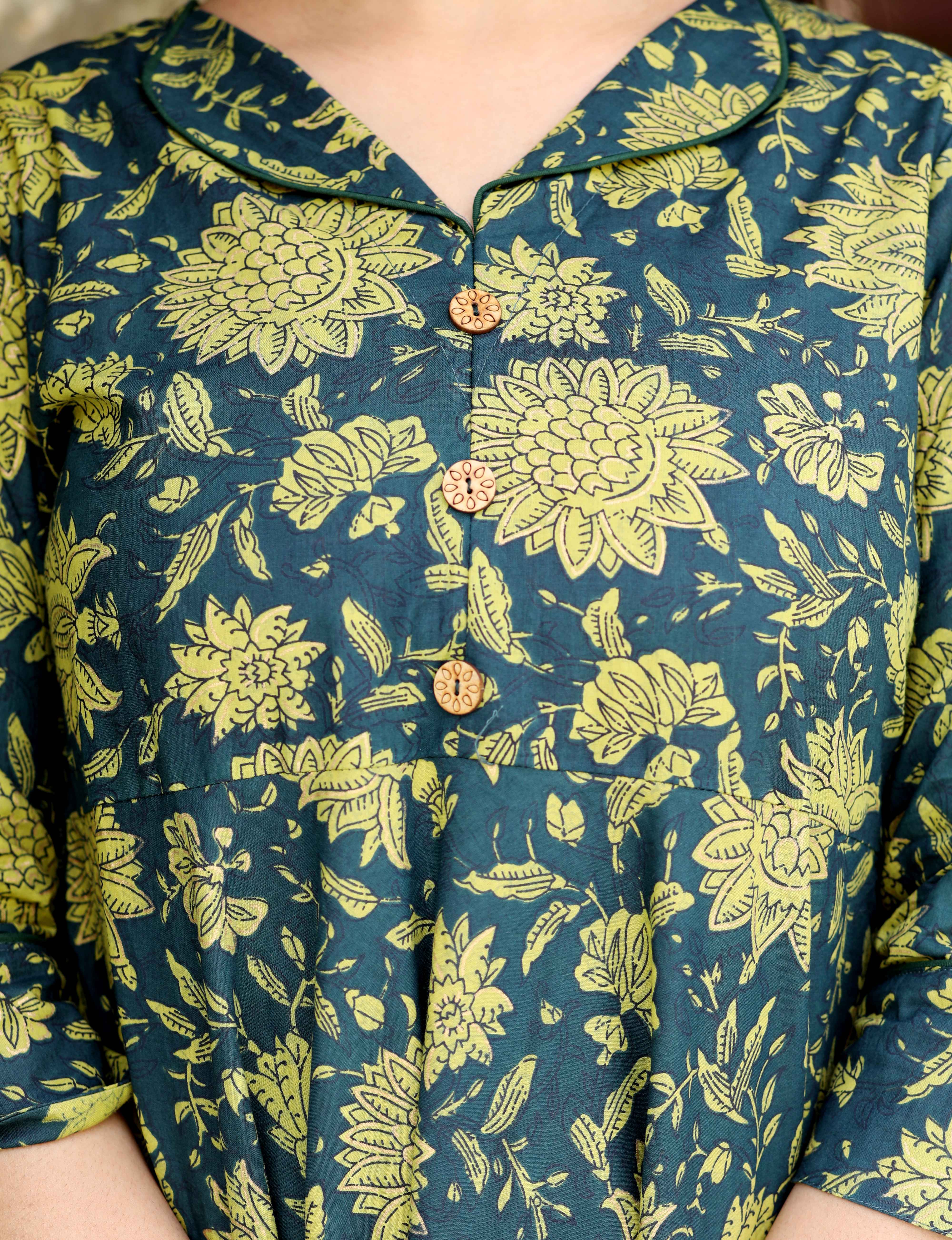 Green Cotton Shirt Collar Floral Printed Anarkali Kurta